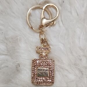 Gold and Pink Parfum/AMOR Bag Charms, Chic Rhinestone Keychains